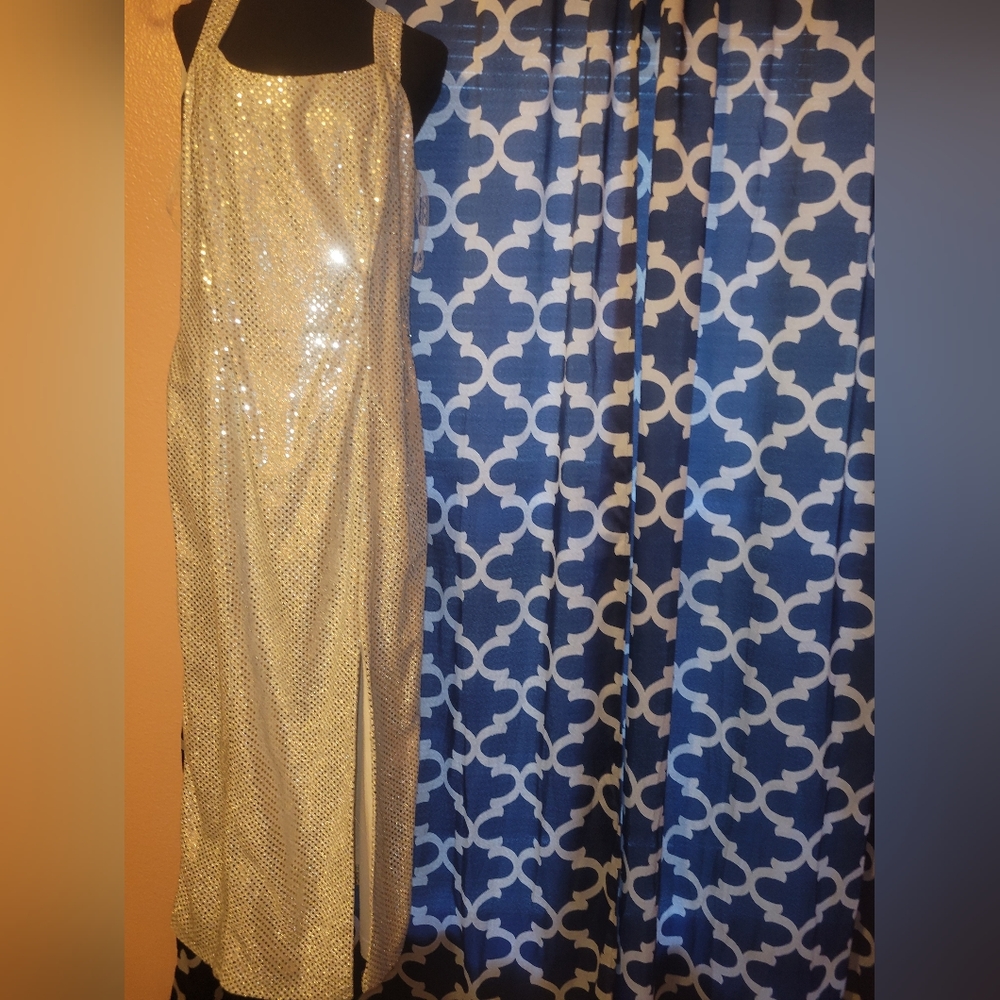 Silver sequined evening event dress